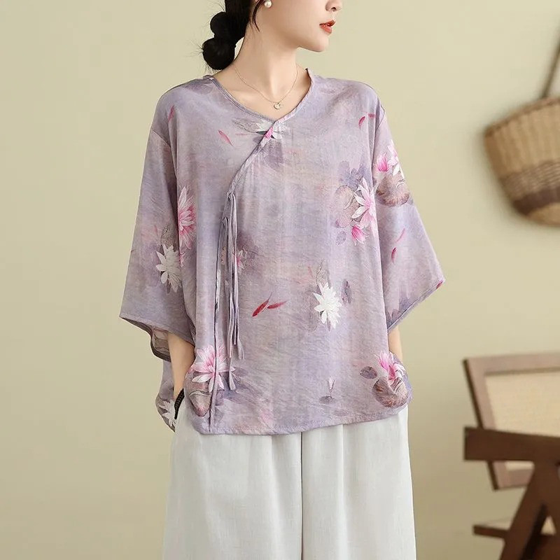 レディース 半袖 蓮柄プリント Vネック ゆったりトップス