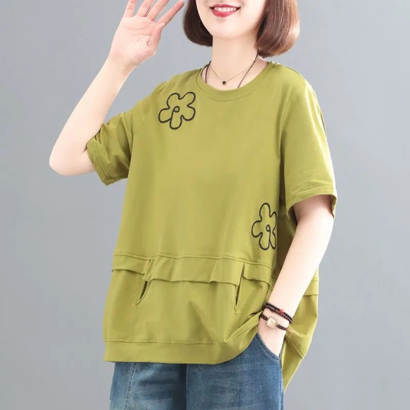 レディース 半袖 刺繍 ラウンドネック ゆったりトップス