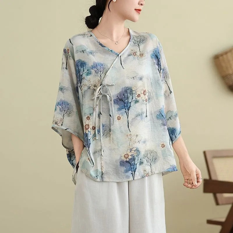 レディース 半袖 花柄 Vネック ゆったりトップス