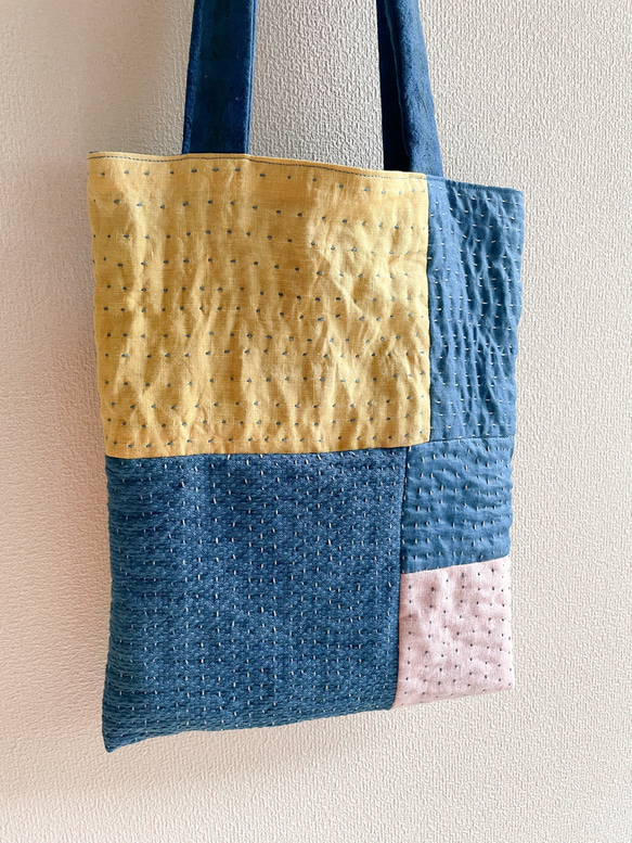 送料無料 藍染糸で刺子した藍染生地のクタっと柔らかリネンとコットン