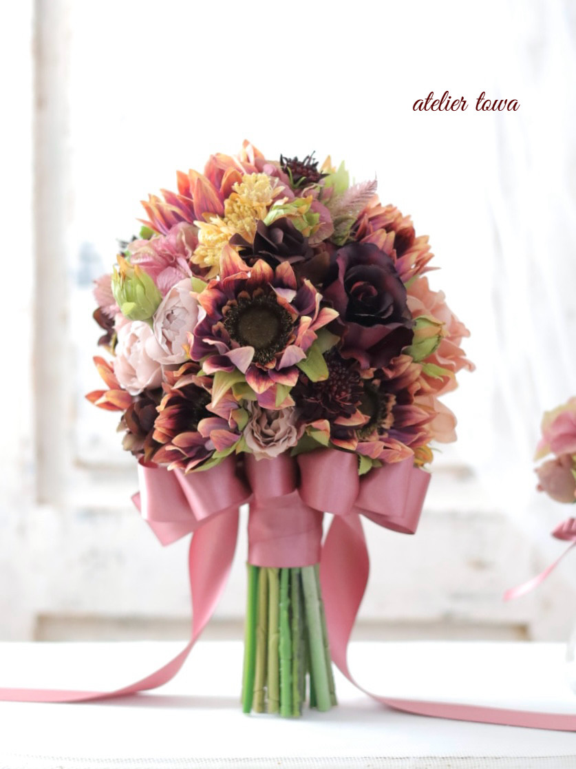 アンティーク　ひまわりブーケ　ウェディングブーケ　ブートニアセット