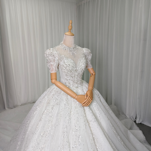 送料無料！ウェディングドレス 韓国風ドレス 半袖 キラキラドレス