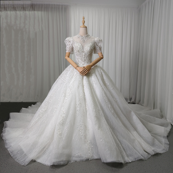 送料無料！ウェディングドレス 韓国風ドレス 半袖 キラキラ