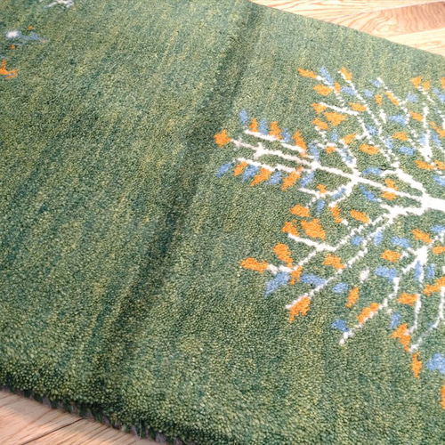 【夏のキャンペーン】ペルシャ　ギャッベ 玄関　90×62 ベージュ生命の木　葉 ペルシャ ギャッベ 玄関マット 87x60㎝ 緑 生命の木 RJ5816G