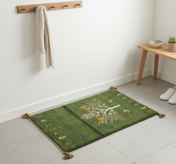 【夏のキャンペーン】ペルシャ　ギャッベ 玄関　90×62 ベージュ生命の木　葉 新規入荷】ペルシャ ギャッベ 玄関マット大 115x85cm 生命の木
