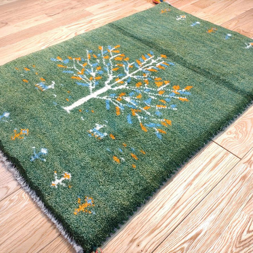 ペルシャ ギャッベ 玄関マット 87x60㎝ 緑 生命の木 RJ5816G