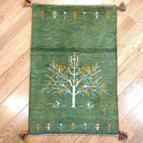 ペルシャ ギャッベ 玄関マット 87x60㎝ 緑 生命の木 RJ5816G