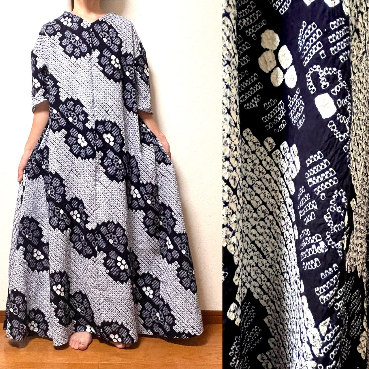 有松絞り　フレアーワンピース　着物リメイク