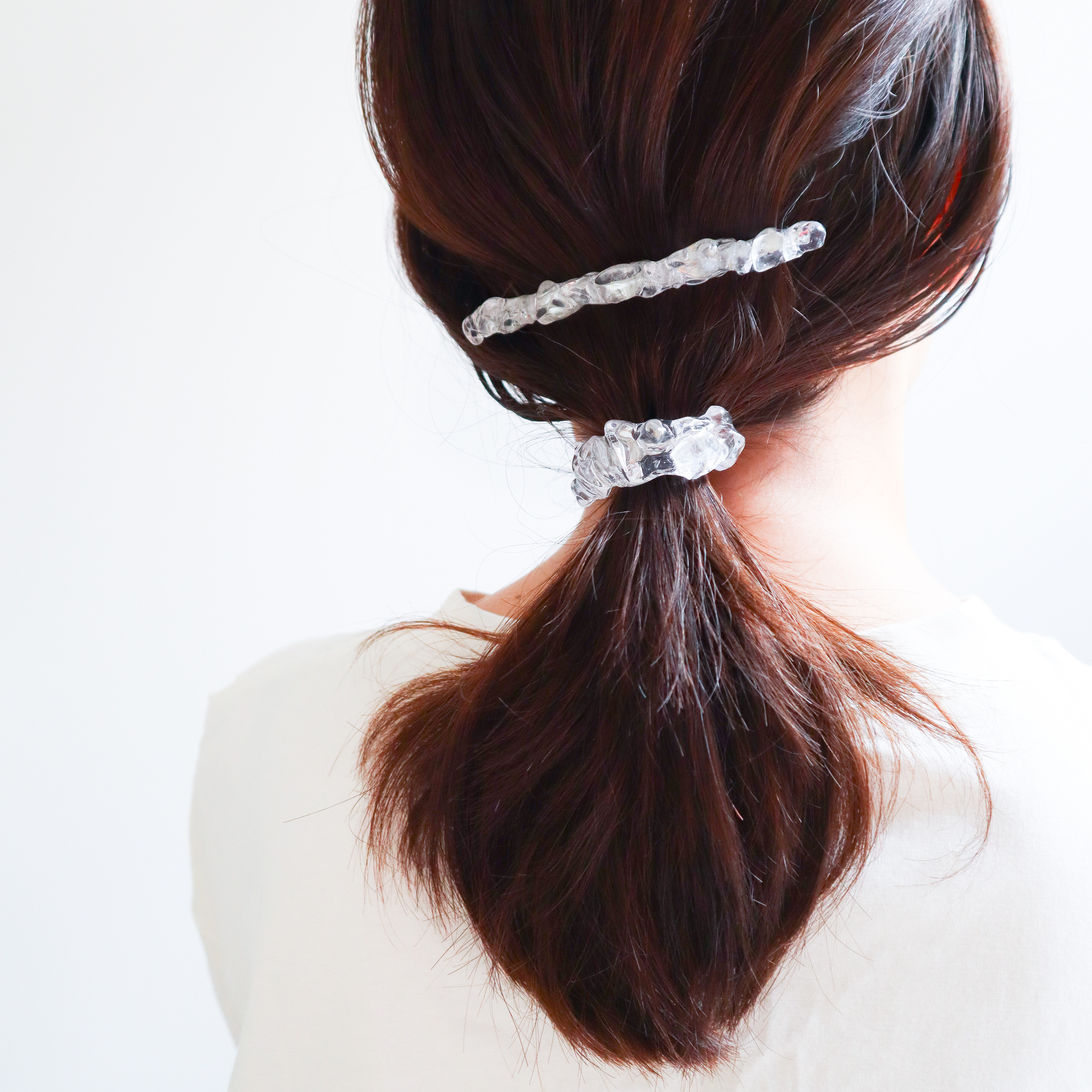 【2点セット】とろける氷のポニーフック、ロングバレッタ、ヘアアクセサリークリスタル　水晶　4月誕生石