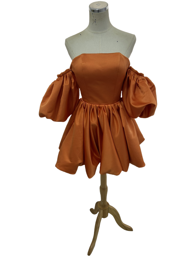 パーティードレス ミニワンピース パフスリーブ 編み上げ 光沢サテン オレンジ  色直し 前撮り