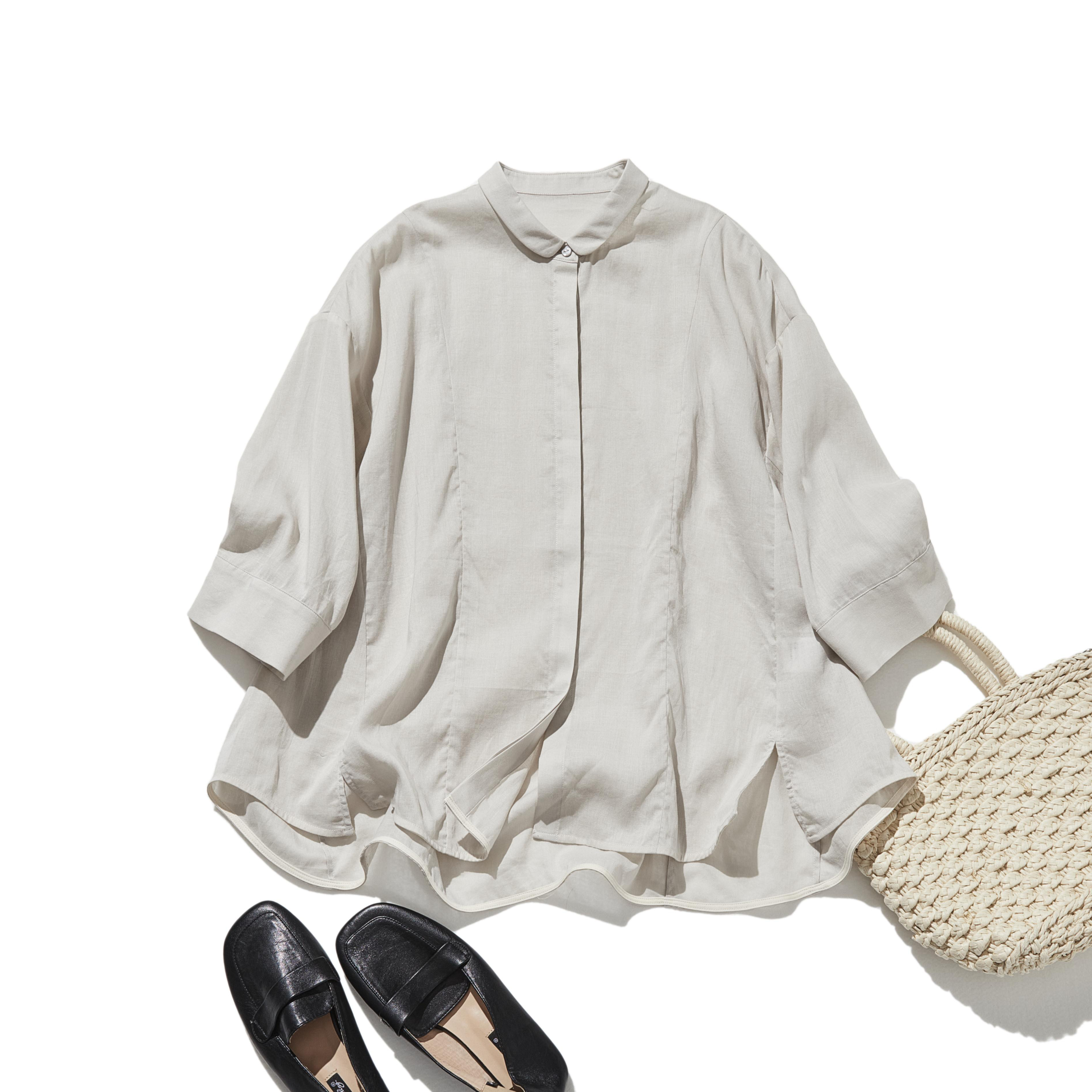 暑い季節もおしゃれと快適さを両立　麻混　ブラウス　9分袖ブラウス　ベージュ　250802-1