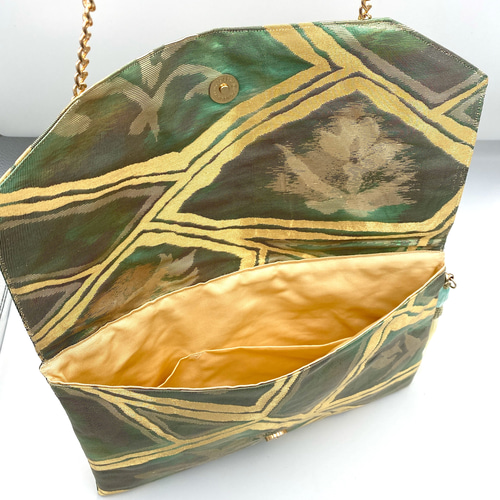 メタリックグリーン帯リメイク 2way ショルダー＆クラッチバッグ 2way