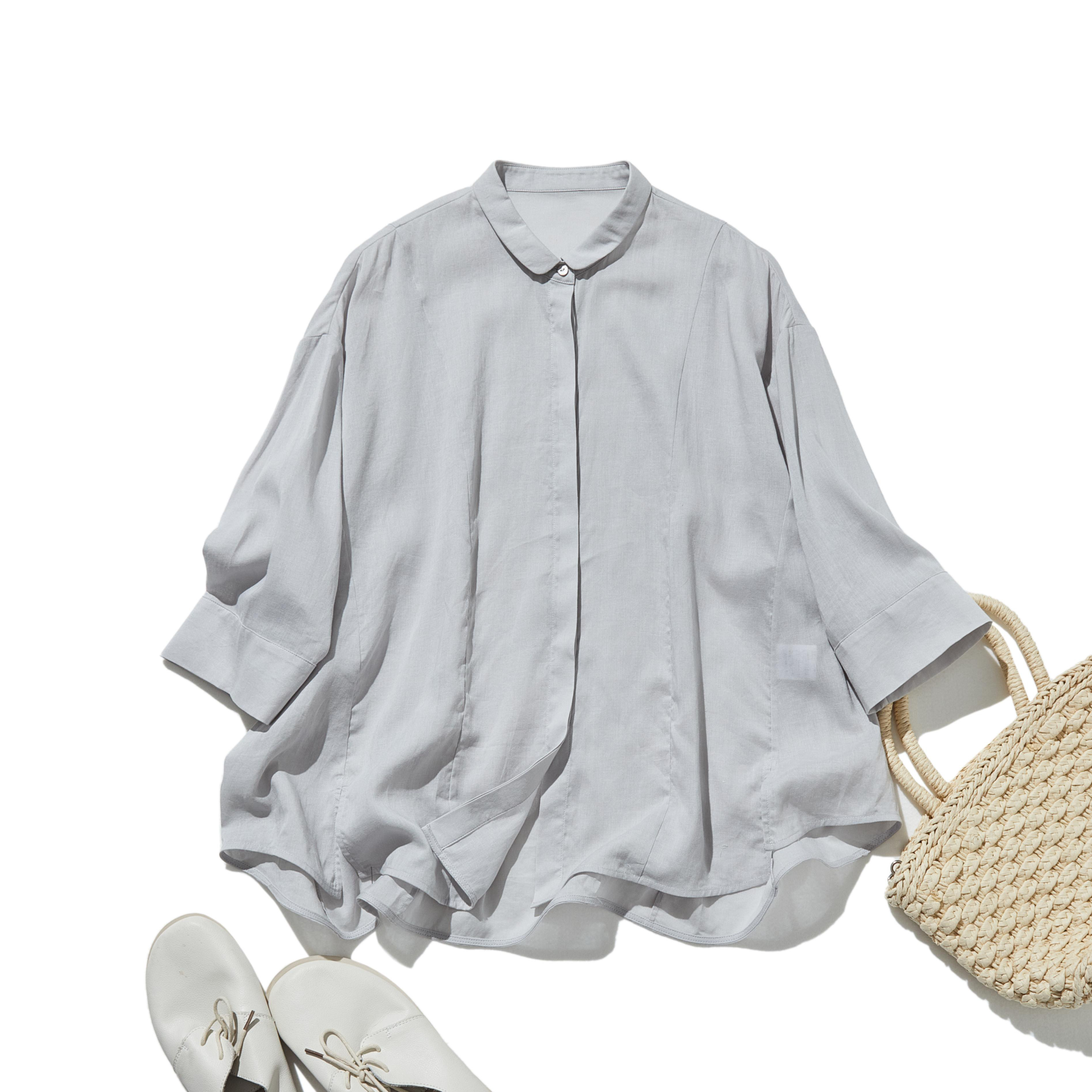 暑い季節もおしゃれと快適さを両立　麻混　ブラウス　9分袖ブラウス　ライトグレー　250802-2
