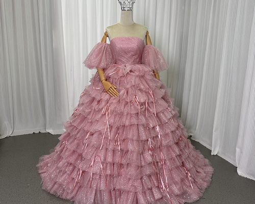 ウェディングドレス 白黒チェック ピンクリボン カラードレス ウェディングドレス 結婚式 花嫁 前撮り演奏会 白 ピンク