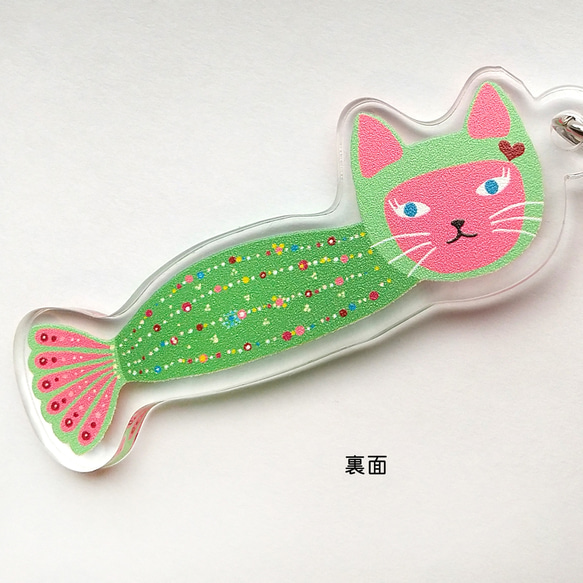 マーメイド猫アクリルキーホルダー｜猫型ナスカン付き 4枚目の画像