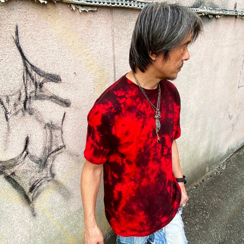 タイダイ Tシャツ XLサイズ ブラック×レッド ムラ染め Hippies Dye