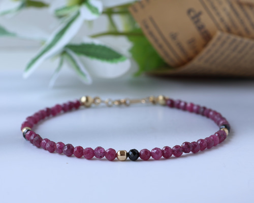 ルビーとスピネルのブレスレット 赤 ピンク ブラック 14kgf