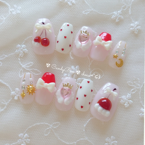 ぷっくりキラキラさくらんぼ ホイップクリーム ネイルチップ ネイル