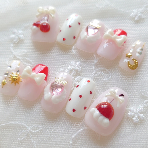 ネイルチップ さくらんぼ ホイップ クリスマス 冬 スナ系 量産型 ちゅるん 白 ぷっくりキラキラさくらんぼ ホイップクリーム ネイルチップ ネイル
