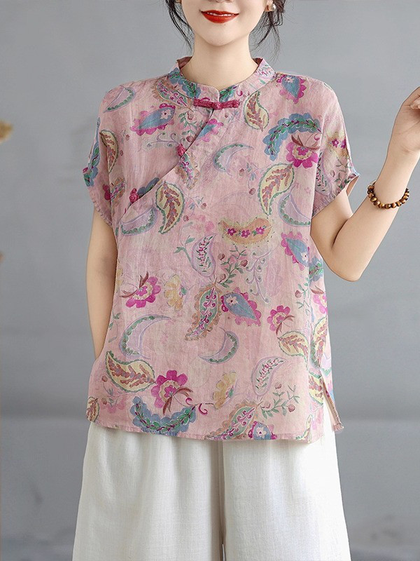 レディース 半袖 花柄 アシンメトリー ボタンスタンドカラー ショート丈シャツ