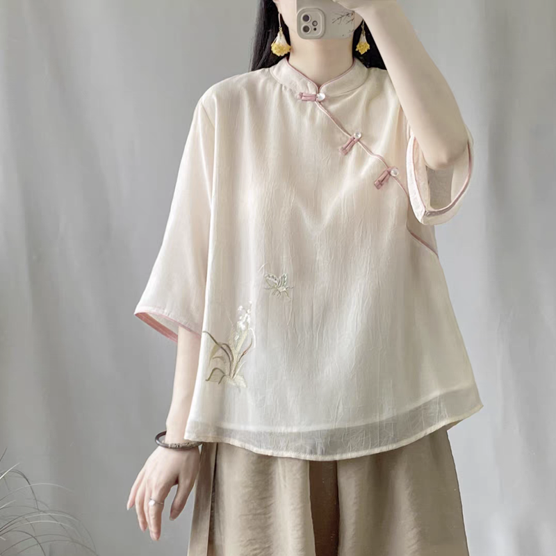 レディース 五分袖 刺繍 アシンメトリーボタン ゆったりシャツ