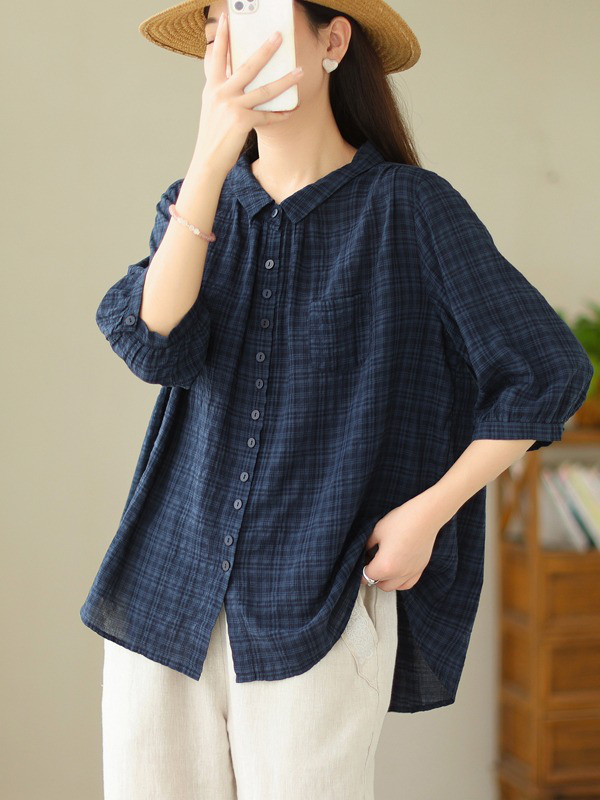 レディース 半袖 チェック柄 フロントボタン ゆったりシャツ 5,205円