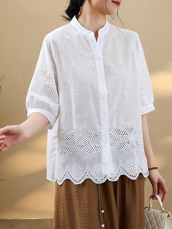 レディース 五分袖 刺繍 レース付き バルーンスリーブ 裾フリルシャツ