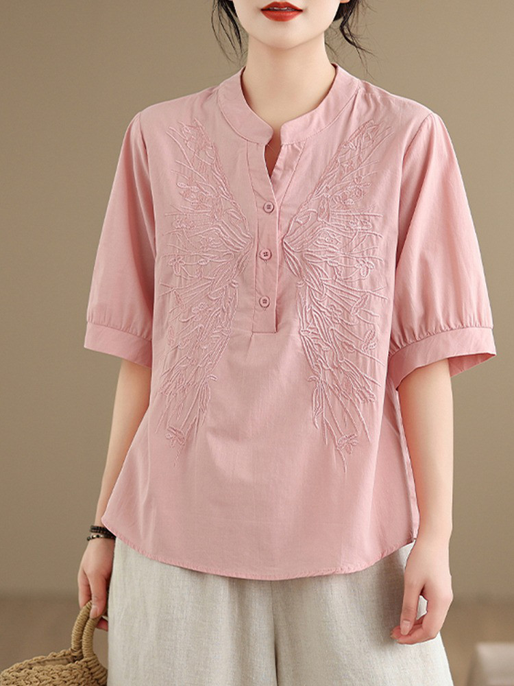 レディース 半袖 刺繍 ボタン付きスキッパーネック ゆったりシャツ