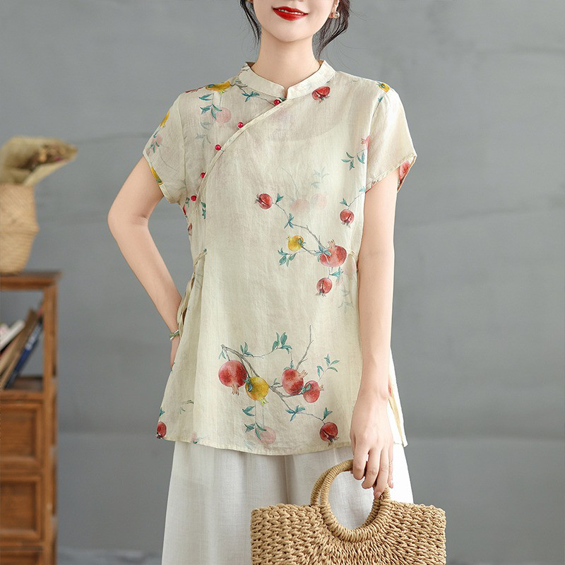 レディース 半袖 花柄 アシンメトリーボタン スタンドカラー ゆったりシャツ