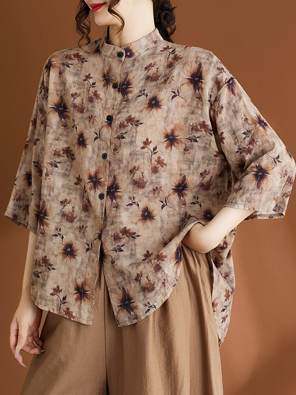 レディース 半袖 花柄 スタンドカラー ゆったりシャツ