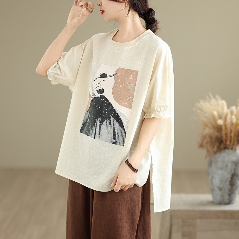 レディース 半袖 花柄 裾スリット ゆったりTシャツ