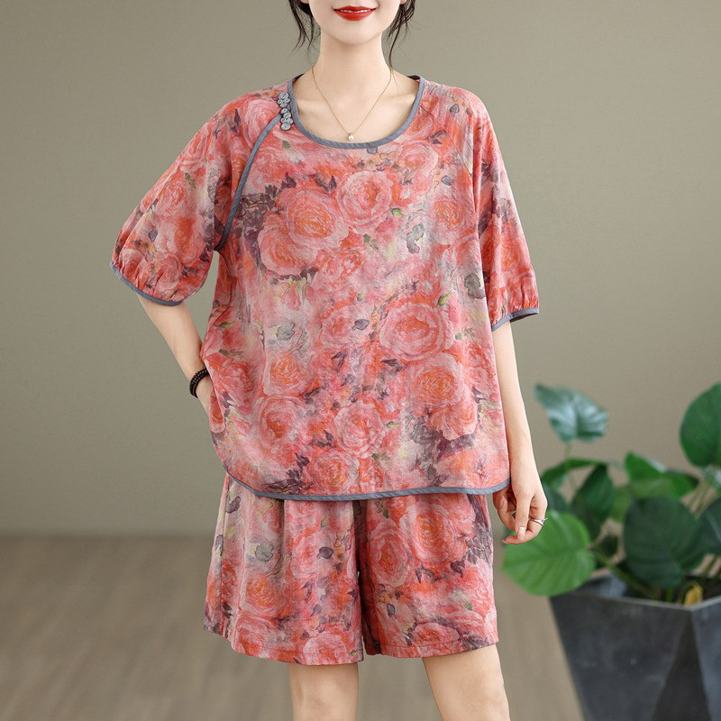 レディース 半袖 花柄シャツ＋ワイドショートパンツ リネンセットアップ