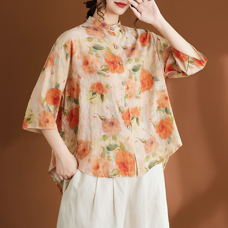 レディース 五分袖 花柄 スタンドカラー ゆったりシャツ
