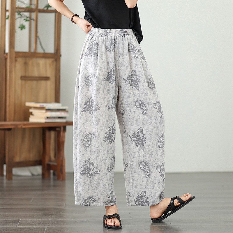 レディース 九分丈 花柄 ハイウエスト ワイドパンツ