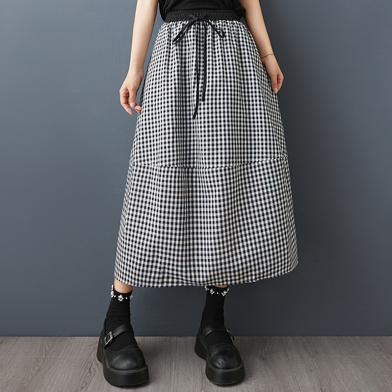レディース チェック柄 ドローストリング ハイウエスト ゆったりスカート