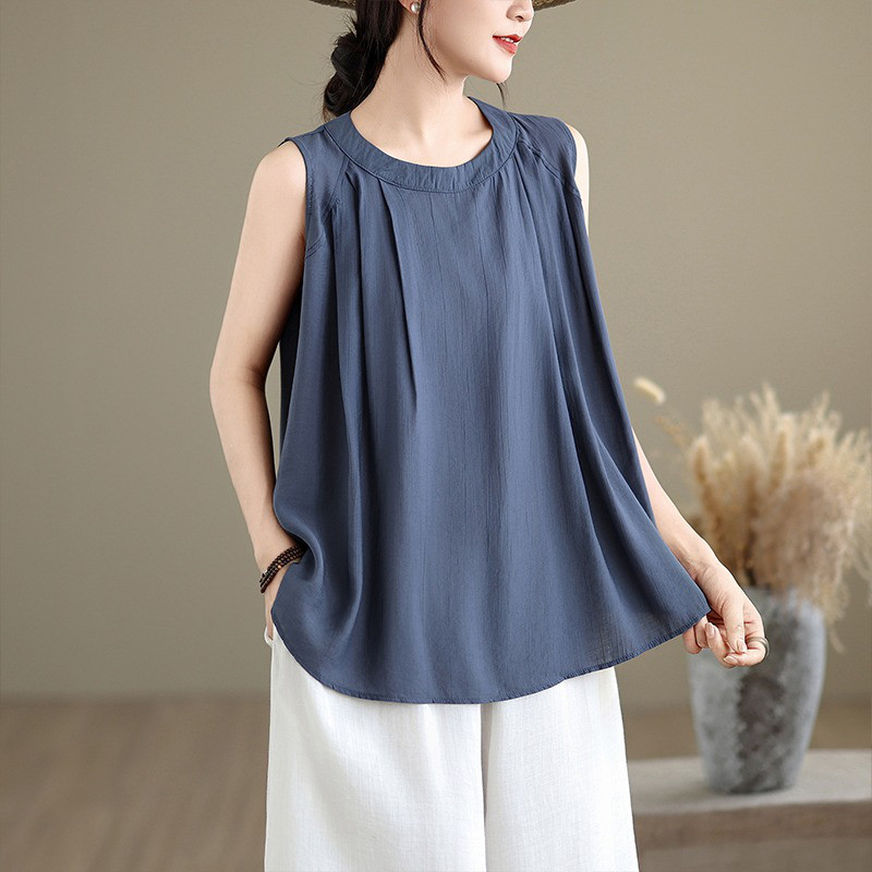 レディース ノースリーブ ギャザー入り ラウンドネック ゆったりトップス