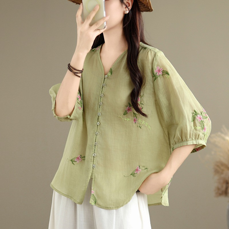 レディース 五分袖 刺繍 Vネック ゆったりシャツ