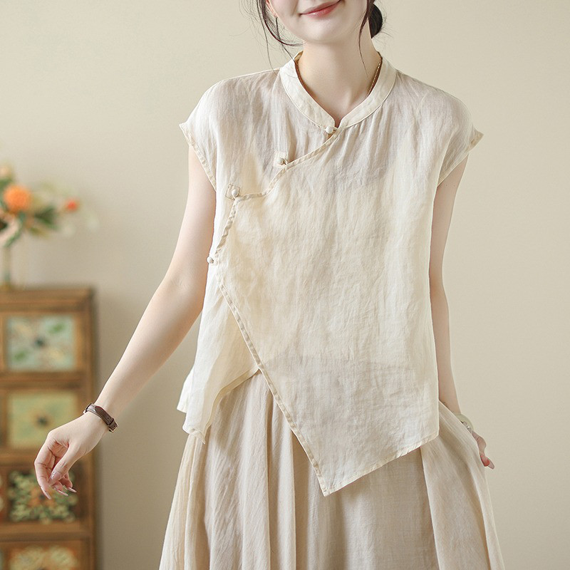 レディース ノースリーブ 切り替え アシンメトリーボタン スタンドカラー ゆったりトップス