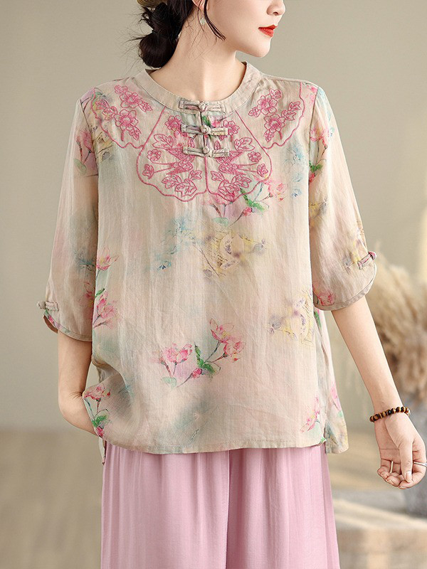 レディース 半袖 刺繍 花柄トップス＋ワイドパンツ セットアップ