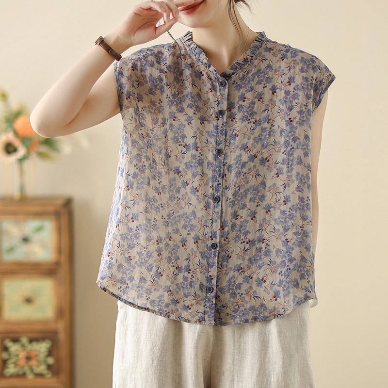 レディース ノースリーブ 小花柄 フリルネック ゆったりトップス