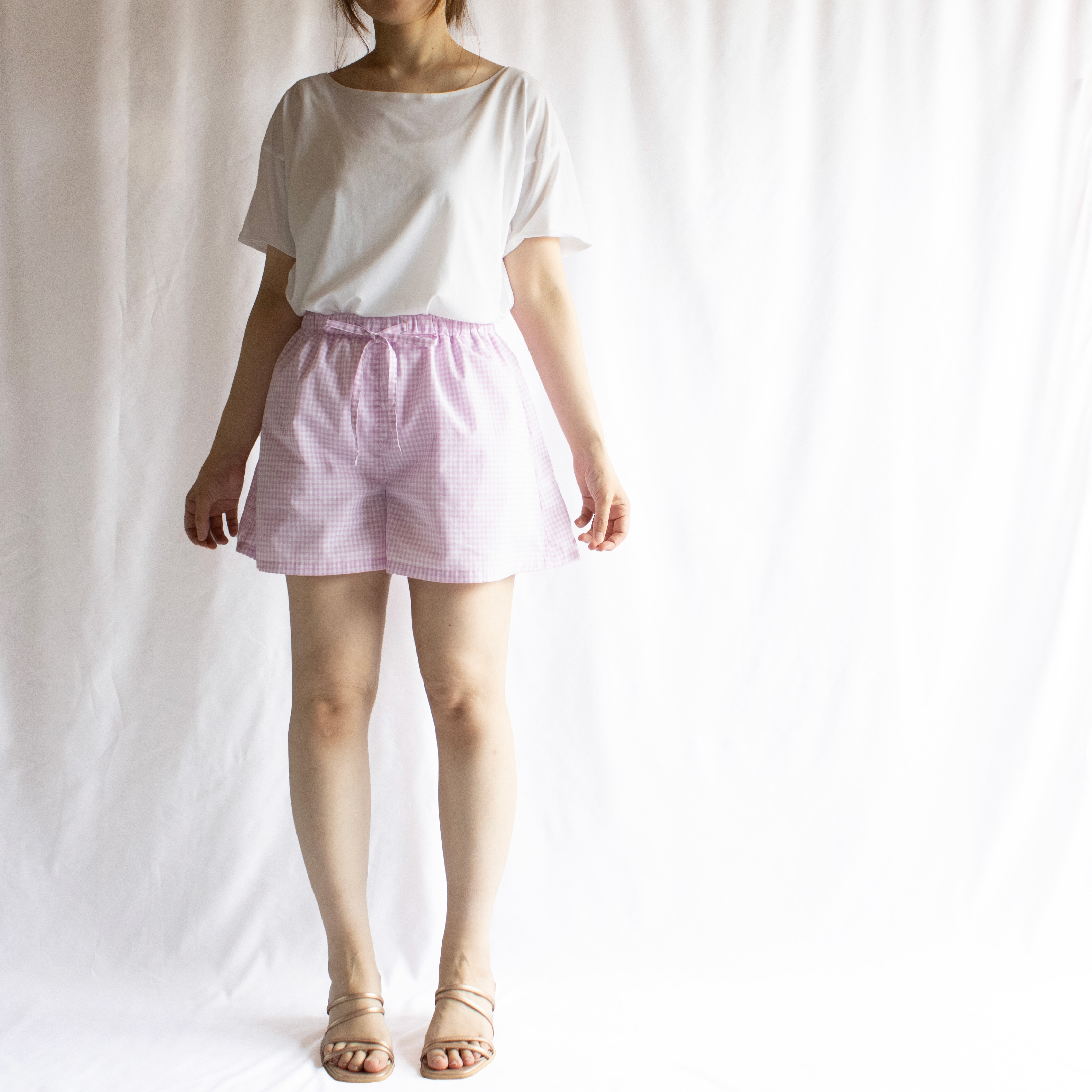 さわやかキュロットパンツ《先染めギンガムチェック》（夏用清涼冷感裏地つき）ライトピンク　*セットアップ可能