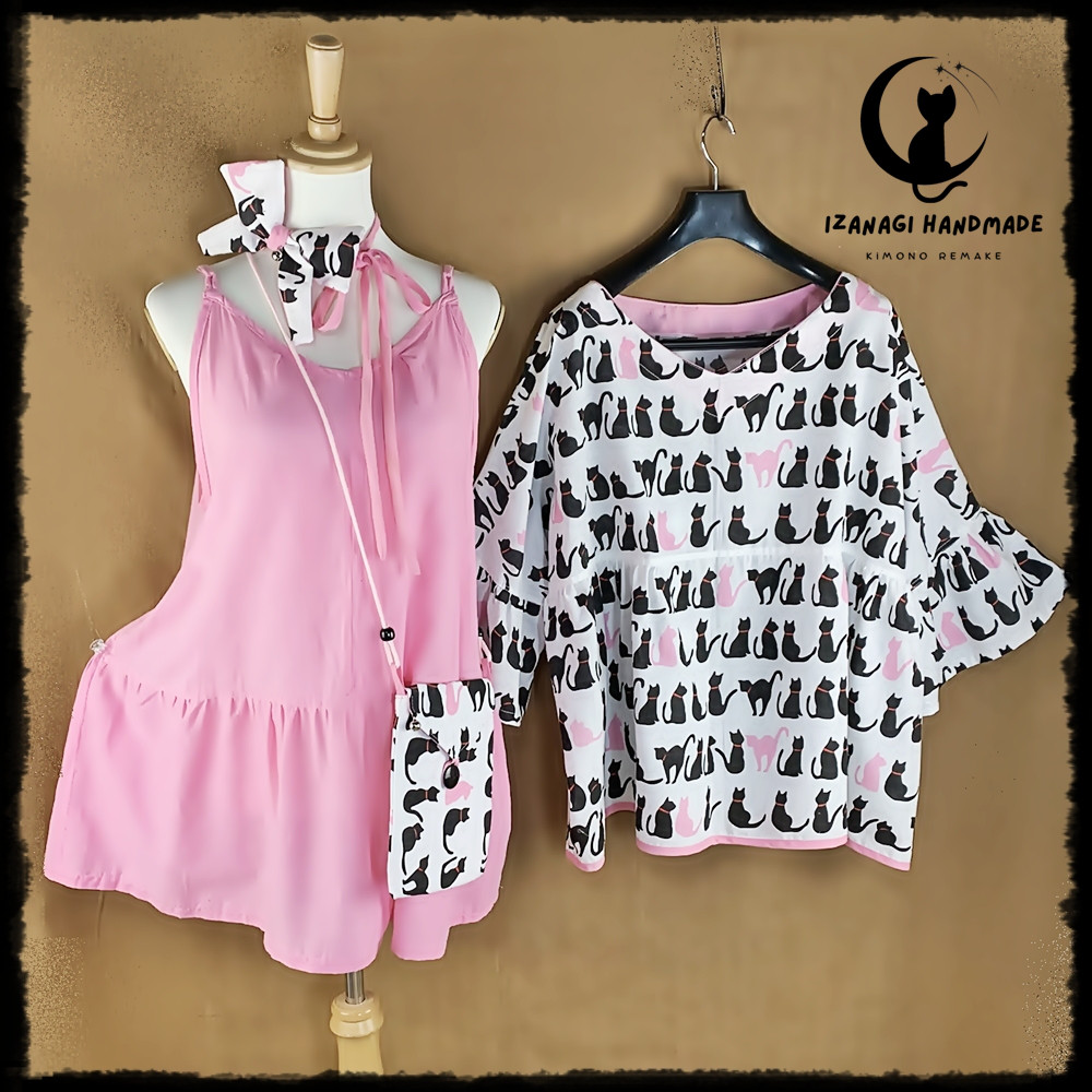 「猫たちと過ごす癒しの時」アンサンブルセットアップ  ハイブリッド IZANAGI HEARTMADE 唯一無二