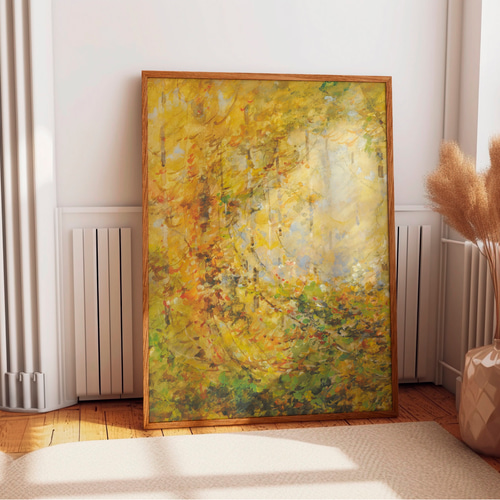 秋の森アートポスター 2枚セット アンティーク 風景画 黄色 橙