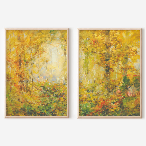 抽象画　暖色　オレンジ　アート　絵画　ポスター　モダン　黄色　水色　ブラウン 秋の森アートポスター 2枚セット アンティーク 風景画 黄色 橙