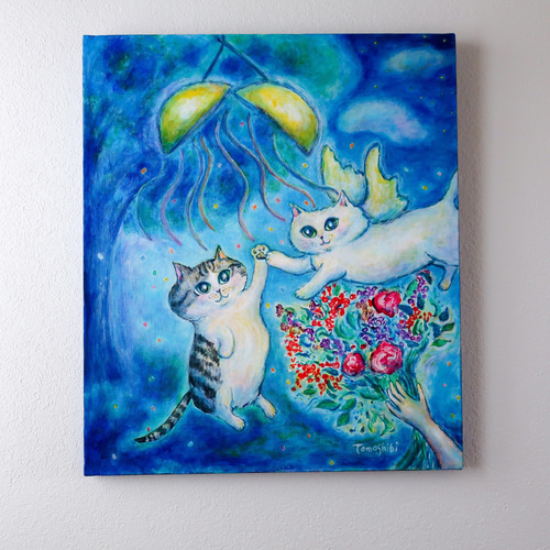 原画「お祝いの夜に」 F10号 #絵画 #ねこ #猫 #白猫 #天使猫 #花束