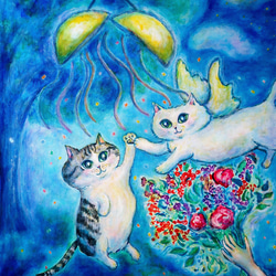 原画「お祝いの夜に」 F10号 #絵画 #ねこ #猫 #白猫 #天使猫 #花束
