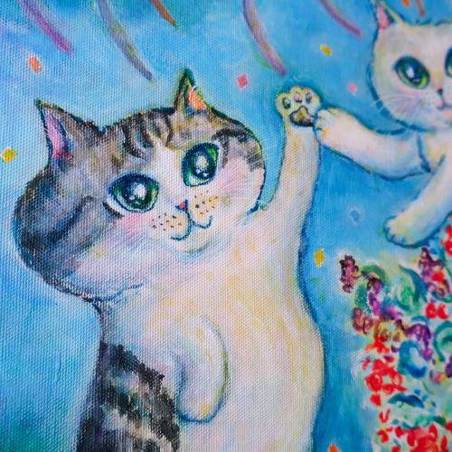 原画「お祝いの夜に」 F10号 #絵画 #ねこ #猫 #白猫 #天使猫 #花束