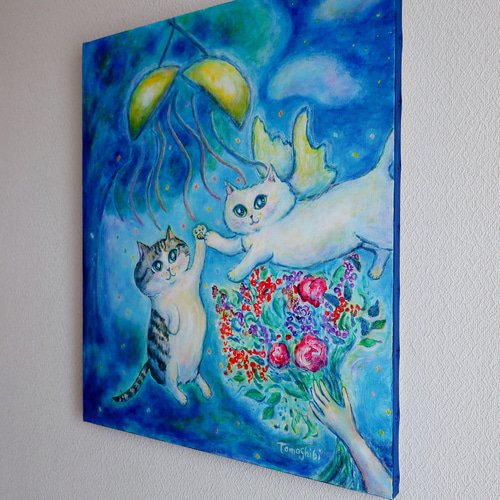 原画「お祝いの夜に」 F10号 #絵画 #ねこ #猫 #白猫 #天使猫 #花束