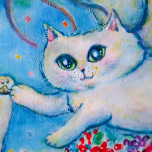 原画「お祝いの夜に」 F10号 #絵画 #ねこ #猫 #白猫 #天使猫 #花束