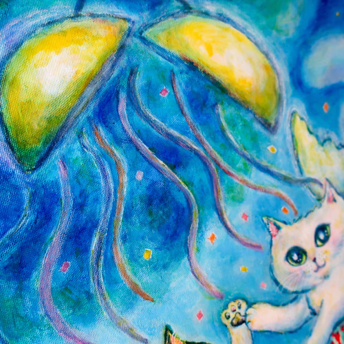 原画「お祝いの夜に」 F10号 #絵画 #ねこ #猫 #白猫 #天使猫 #花束